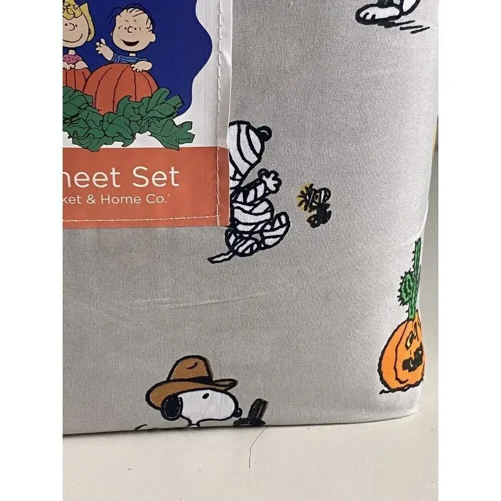 Peanuts Snoopy Halloween QUEEN Sheet Set Pumpkin Cactus Cowboy Pumpkin‎ NEW